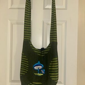 Green Striped Bag with Mushroom Embroidery